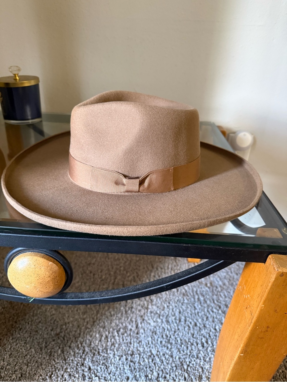 Wide-Brim Felt Fedora Hat in Light Brown with Ribbon Band